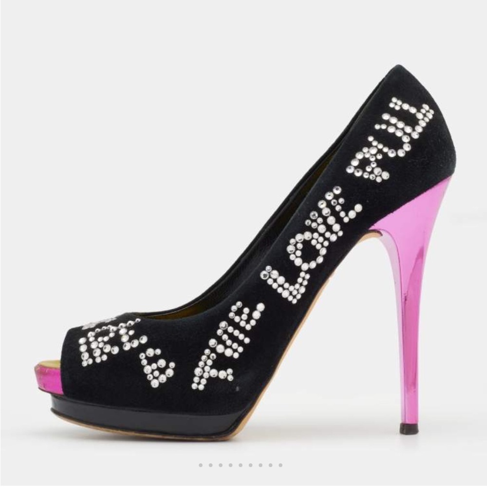 Giuseppe Zanotti Black Suede Crystal Embellished Peep Toe Platform Pumps